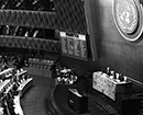 The General Assembly this morning adopted resolutions on the questions of the elimination of all forms of racial discrimination, consent to and minimum age for marriage, manifestations of racial prejudice and religious intolerance. The Four resolutions were recommended by the Third Committee (Social, Humanitarian and cultural) and were adopted by the Assembly without discussion. The Assembly was presided over by its president, Amintore Fanfani (Italy), who returned to the United Nations for the first time since his accident on 9 October. <br /> Amintore Fanfani is seen addressing the Assembly. At left is Secretary-General U Thant, and at right is C. V. Narasimhan, Under-Secretary for General Assembly Affairs and Chef de Cabinet.