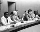 6 august 1990, Opening of the forty-second session of the Sub-Commission on Prevention of Discrimination and Protection of Minorities, United Nations Office at Geneva, Switzerland (from left to right): The Deputy-Director of the Centre for Human Rights; Mr. Jan Martenson, Under-Secretary-General for Human Rights; Mr. Danilo Türk, Chairman of the Sub-Commission.
