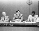 6 august 1990, Opening of the forty-second session of the Sub-Commission on Prevention of Discrimination and Protection of Minorities, United Nations Office at Geneva, Switzerland: Mr. Jan Martenson (left), Under-Secretary-General for Human Rights and Mr. Danilo Türk (centre), Chairman of the Sub-Commission, speaking during the session.