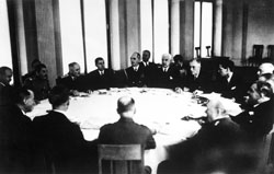 Leaders of the Major Allied Powers of World War II meeting at Yalta in the Russian Crimea on 12 February 1945, at which an agreement was reached to prosecute Axis leaders after the Allies acheive victory in Europe. Present were Josef Stalin of the Soviet Union, Winston Churchill of the United Kingdom, and Franklin Roosevelt of the United States.
