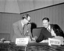 1 March 1958, United Nations Conference on the Law of the Sea, meeting of the Second Committee, Geneva, Switzerland (from left to right): Mr. O. C.Gundersen (Norway), Chairman of the Second Committee; Dr. Jose Madeira Rodrigues (Portugal), Rapporteur of the Committee; and Miss Kwen Chen, Secretary of the Committee. 