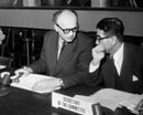 1 March 1958, United Nations Conference on the Law of the Sea, meeting of the Fifth Committee, Geneva, Switzerland: Mr. Jaroalav Zourek (Czechoslovakia), Chairman of the Fifth Committee (left) and Mr. C. Malek, Secretary of the Committee.