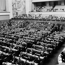 1 February 1958, View of the General Assembly Hall at the Palais des Nations, during the opening meeting of the Conference on the Law of the Sea.