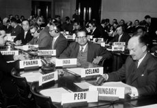 1 March 1958, Delegates listening to an address in the conference room during a meeting of the Fifth Committee (Free Access to Sea for Land-locked Countries).