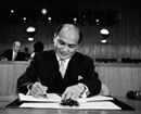 20 December 1966 Twenty-first Session of the General Assembly, United Nations Headquarters, New York: Ambassador Salvador P. Lopez (Philippines) signing the International Covenant on Civil and Political Rights and the International Covenant on Economic, Social and Cultural Rights.