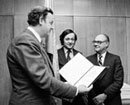 11 December 1978 United Nations Headquarters, New York (left to right): Mr. E. Suy, United Nations Legal Counsel; Mr. Theodoor C. Van Boven, Director of the Division of Human Rights; and Mr. Hugo Scheltema, Permanent Representative of the Netherlands, ratifying the International Covenant on Economic, Social and Cultural Rights, the International Covenant on Civil and Political Rights, and the Optional Protocol to the latter Covenant.