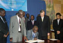 26 September 2003, Ratification of the International Convention for the Suppression of the Financing of Terrorism, United Nations Headquarters, New York: Solomon Berewa (seated), Vice-President of the Republic of Sierra Leone, ratifying the Convention, among other instruments.