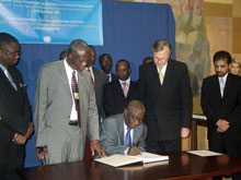 26 September 2003, Ratification of the International Convention for the Suppression of the Financing of Terrorism, United Nations Headquarters, New York: Solomon Berewa (seated), Vice-President of the Republic of Sierra Leone, ratifying the Convention, among other instruments.