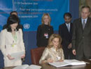 22 September 2004, Accession to the International Convention for the Suppression of Terrorist Bombings, United Nations Headquarters, New York: Ms. Leila Rachid de Cowles (seated), Minister for Foreign Affairs of the Republic of Paraguay, acceding to the Convention, among other instruments.