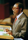 6 October 1994, Forty-ninth session of the General Assembly, United Nations Headquarters, New York: Pasteur Bizimungu, President of Rwanda, addressing the General Assembly.  