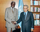 10 October 1995, United Nations Headquarters, New York: Secretary-General Boutros Boutros-Ghali (right) meeting with Mr. Laity Kama (Senegal), President of the International Criminal Tribunal for Rwanda. 