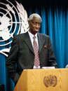 11 December 1997, United Nations Headquarters, New York: Mr. Laity Kama (Senegal), President of the International Criminal Tribunal for Rwanda, addressing correspondents at a press conference. 