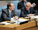 23 November 2004, Security Council, United Nations Headquarters, New York: Judge Erik Møse (left), President of the International Criminal Tribunal for Rwanda, addressing the Security Council.  