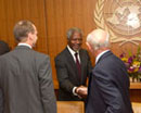 6 December 2004, Office of the Secretary-General, United Nations Headquarters, New York: Secretary-General Kofi Annan greeting Judge Theodor Meron (right, from the back), President of the International Criminal Tribunal for the former Yugoslavia, and Judge Erik Møse (second from left), President of the International Criminal Tribunal for Rwanda. 