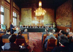 17 November 1993 - Inauguration of the International Criminal Tribunal for the former Yugoslavia, Peace Palace, The Hague, The Netherlands: Mr. Carl-August Fleischhaure (left, behind podium), Under-Secretary-General for Legal Affairs, opening the meeting of the Tribunal next to the 11 judges of the Tribunal seating behind the table.