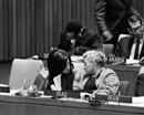 6 December 1966 Twenty-first Session of the General Assembly, meeting of the Third Committee on the Report of the High Commissioner for Refugees, United Nations Headquarters, New York: Miss Souad Tabbara (Lebanon) (left) conversing with Mrs. B. Afnan (Iraq). 