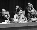 6 December 1966 Twenty-first Session of the General Assembly, meeting of the Third Committee on the Report of the High Commissioner for Refugees, United Nations Headquarters, New York (from left to right): Prince Sadruddin Aga Khan, United Nations High Commissioner for Refugees; Mrs. Halima Enbarek Warzazi (Morocco), Chairman of the Committee; and Mr. Kamleshwar Das, Committee Secretary. 