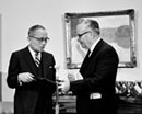 1 November 1968 Accession of the United States of America to the Protocol relating to the Status of Refugees, United Nations Headquarters, New York: Mr. James Russell Wiggins (right), Permanent Representative of the United States to the United Nations, depositing the instrument of accession with Secretary-General U. Thant. 