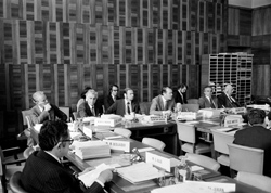 07 May 1973. 25th session of the International Law Commission, Palais des Nations, Geneva. The International Law Commission convening its 25th session in the Palais des Nations in Geneva. A partial view of the meeting during statement being made by Mr. Jorge Castañeda (center), Chairman.