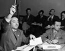 25 April 1945 - San Francisco Conference, meeting of Commission IV (Judicial Organization), Committee 1 (International Court of Justice): Dr. Jalal Abdoh, Majlis (Iran) (left); and Mr. Virgilio R. Galvez (Honduras) (right). (Photo Credit: UN Photo)