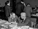 25 April 1945 - San Francisco Conference, meeting of Commission IV (Judicial Organization), Committee 1 (International Court of Justice): Mr. K.H. Bailey (Australia) (left) and Mr. Roberto Cordova (Mexico). (Photo credit: UN Photo)