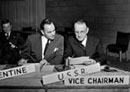14 May 1947, Third meeting of the Committee on the Progressive Development of International Law and its Codification, Lake Success, New York: Dr. Enrique Ferrer Vieyra (Argentina, left at the table) and Prof. Dr. Vladimir Koretsky (USSR), Vice-Chairman (right). 