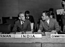 14 May 1947, Third meeting of the Committee on the Progressive Development of International Law and its Codification, Lake Success, New York: Sir Dalip Singh (India), Chairman (left) and Dr. Yuen-li Liang (China), Committee Secretary, United Nations Legal Department, Director of the Division of development and codification of international law. 