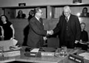 12 April 1949, First session of the International Law Commission, Lake Success, New York: Assistant Secretary-General Dr. Ivan Kerno (left) welcoming Prof. Manley O. Hudson (USA) as Chairman of the International Law Commission. 
