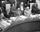 10 September 1962 Second session of the United Nations Committee on the Peaceful Uses of Outer Space, United Nations Headquarters, New York (in the first row, from left to right): Ambassador T. P. Plimpton (United States of America), speaking; Miss. J.A.C. Gutteridge (United Kingdom); Mr. El Sayed Raouf El Reedy (United Arab Republic); and Ambassador Platon Morozov (USSR). 
