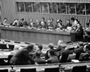 10 September 1962 Second session of the United Nations Committee on the Peaceful Uses of Outer Space, United Nations Headquarters, New York (sitting at the table, from left to right): Vice Chairman Mihail Haseganu (Romania); Mr. Evgeny D. Kiselev, Under Secretary for the Political and Security Council Affairs Department; Mr. Franz Matsch (Austria), Chairman; and Mr. Geraldo de Carvalho Silos (Brazil), Rapporteur. 
