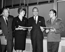 16 October 1963 Russian Cosmonauts visiting the United Nations Headquarters, United Nations Headquarters, New York: Soviet cosmonauts Mr. Yuri Gagarin (right) and Mrs. Valentina Tereshkova (second from left), the first man and woman to conquer outer space, received by Secretary-General U Thant (middle) and by Mr. Carlos Sosa-Rodriguez (left), President of the General Assembly. 
