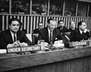 12 April 1966 Committee on the Peaceful Uses of Outer Space, United Nations Headquarters, New York (sitting at the presiding table, from left to right): Mr. Aleksei E. Nesterenko, Under-Secretary for the Development of Political and Security Council Affairs; Ambassador Kurt Waldheim (Austria), Chairman; and Mr. A. H. Abdel-Ghani, Chief of the Outer Space Affairs Group and Committee Secretary, during the adoption of the Report recommending the holding of a Conference on the Peaceful Uses of Outer Space. 