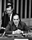 17 December 1966 First Committee, United Nations Headquarters, New York: Lord Cabadon (United Kingdom), addressing the Committee on the Draft Treaty on Exploration and Uses of Outer Space. 