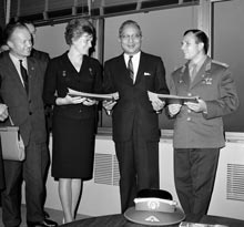 16 October 1963, Soviet cosmonauts Yuri Gagarin (right) and Valentina Tereshkova, the first man and the first woman to conquer outer space, were guests of United Nations Secretary-General U Thant at the United Nations Headquarters, New York.