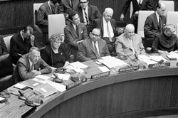 10 September 1962, Opening of the second session of the Committee on Peaceful Uses of Outer Space, sitting on the table (from left to right) Ambassador Francis T.P. Plimpton (U.S.), addressing the Committee; Miss J.A.C. Guttridge (United Kingdom); Mr. El Sayed Raouf El Reedy (U.A.R.); and Ambassador Platon Morozov (U.S.S.R).