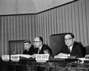 17 March 1960 Opening meeting of the Second United Nations Conference on the Law of the Sea, Geneva, Switzerland (from left to right): Mr. G. Palthey, Deputy-Director of the United Nations European Office; Mr. C. A. Stavropoulos, Representative of the Secretary General; Dr. Yuan-Li Liang, Executive Secretary of the Conference. 