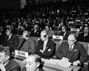 17 March 1960 Opening meeting of the Second United Nations Conference on the Law of the Sea, Geneva, Switzerland: the delegation of Guatemala (in the foreground) with Mr. Gilberto Chacon Pazos (left) and Mr. Jose Luis Mendoza; and the delegation of Ireland (behind) with Mr. Sean Morrissey (left) and Mr. Aindreas O'Keeffe. 