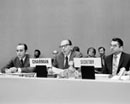 18 March 1975 Third Session of the Third United Nations Conference on the Law of the Sea, opening meeting of the Second Committee (from left to right): Mr. B. Zuleta, Special Representative of the Secretary-General; Mr. Reynaldo Galindo-Pohl (El Salvador), Chairman; and Mr. Y. Barsegov, Secretary. 