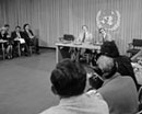 8 March 1976 Press Conference by Mr. Jorge Castaneda (Mexico) (left), Chairman of Coastal States Group on Exclusive Economic Zone, before the opening of the Fourth session of the Third United Nations Conference on the Law of the Sea, United Nations Headquarters, New York. 