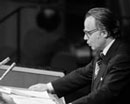 17 September 1976 Fifth Session of the Third United Nations Conference on the Law of the Sea, United Nations Headquarters, New York: Mr. Alexander Yankov (Bulgaria), Chairman of the Third Committee, assessing the work of his Committee. 