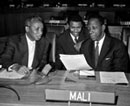 9 November 1961, Sixteenth Session of the General Assembly, meeting of the Sixth Committee, United Nations Headquarters, New York (from left to right): Mr. Tiemoko Kompah, Secretary of the National Union of Syndicates (Mali); Mr. Cheick Mbaye, Head of the Department of African Affairs (Guinea); and Mr. Amadou Thiam, Head of the Legal Division, Ministry of Foreign Affairs (Mali).  