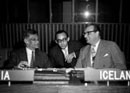 5 November 1958, Thirteenth Session of the General Assembly, meeting of the Sixth Committee on Diplomatic intercourse and immunities, United Nations Headquarters, New York (from left to right): Mr. Akbar Ali Khan (India); Dr. F. Adamiyat (Iran); and Mr. Petur Thorsteinsson (Iceland).