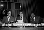 5 November 1958 - Thirteenth Session of the General Assembly, meeting of the Sixth Committee on Diplomatic intercourse and immunities, United Nations Headquarters, New York (from left to right): Mr. Paavo Kastari (Finland); Mr. Zainal Abidin bin Sulong (Federation of Malaya); and Mr. Ato Narayo Esayias (Ethiopia).
