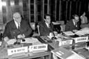 27 May 1963, Fifteenth session of the International Law Commission, Palais des Nations, Geneva, Switzerland (from left to right): Mr. Milan Bartos (Yugoslavia), First Vice-Chairman; Mr. Eduardo Jimenez de Arechaga (Uruguay), Chairman; and Dr. Yuen-li Liang, Secretary.