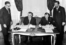 12 March 1968, Signing of the Agreement between the United Nations and the Government of Austria on the United Nations Conference on the Law of Treaties, Vienna, Austria (from left to right): Mr. Antony Leriche, United Nations Legal Liaison Officer; Mr. Pier P. Spinelli, Under-Secretary-General and Director General of the United Nations Office at Geneva; Mr. Kurt Waldheim, Federal Minister of Foreign Affairs of Austria; and Ambassador Emmanuel Treu, Head of the Office for International Conferences and Organizations, Austrian Ministry of Foreign Affairs.