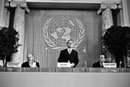 26 March 1968, Opening of the Conference on the Law of Treaties, Hofburg Palace, Vienna, Austria: Professor Roberto Ago (Italy), addressing the delegates following his unanimous election as President of the Conference (centre); Mr. C.A. Stavropoulos, Representative of the Secretary-General (left); and Mr. A.P. Movchan, Executive Secretary (right).