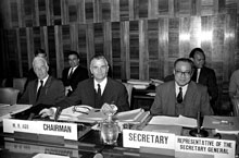 11 May 1964, Sixteenth session of the International Law Commission, Palais des Nations, Geneva, Switzerland (from left to right): Mr. Herbert W. Briggs (USA), First Vice-Chairman; Professor Roberto Ago (Italy), Chairman; and Mr. Yuen-li Liang, Director of the United Nations Codification Division and Representative of the Secretary-General.