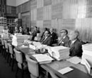 26 April 1971, Twenty-third Session of the International Law Commission, Palais des Nations, Geneva: Mr. Paul Reuter (left), Special Rapporteur on the Question of treaties concluded between States and international organizations or between two or more international organizations and Mr. S. Rosenne sitting at his left, at the opening meeting.