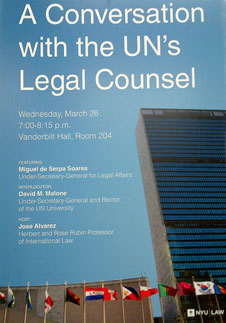 Poster announcing the Legal Counsel's speech at NYU-Law School