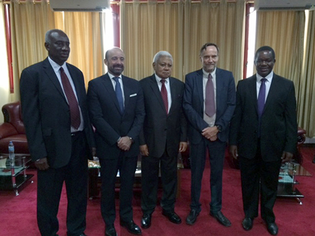 At the ICTR closing ceremony (from left to right):  Mr. Hassan Bubacar Jallow, ICTR Prosecutor, Mr. Miguel de Serpa Soares, United Nations Legal Counsel, Mr. Mohamed Chande Othman, Chief Justice of Tanzania, Mr. Vagn Joensen, ICTR President, Mr. Bongani Majola, ICTR Registrar